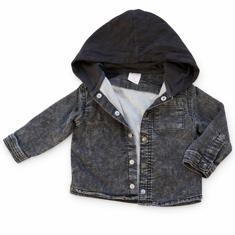 Wonder Nation Hooded Denim Jacket 18M Gray Snap Button Lightweight Toddler